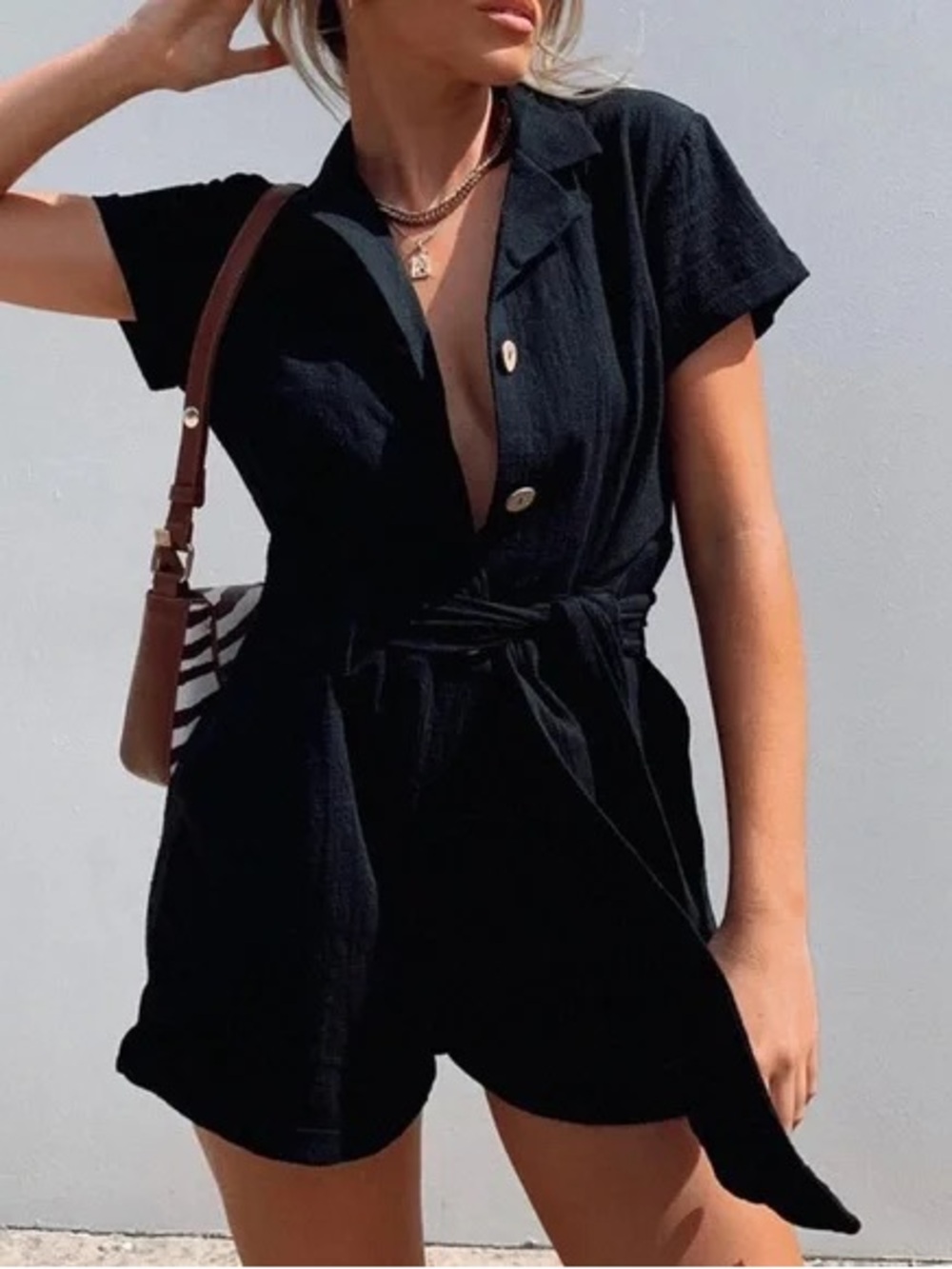 Princess Polly Black Short Sleeve Tie-Waist Romper
